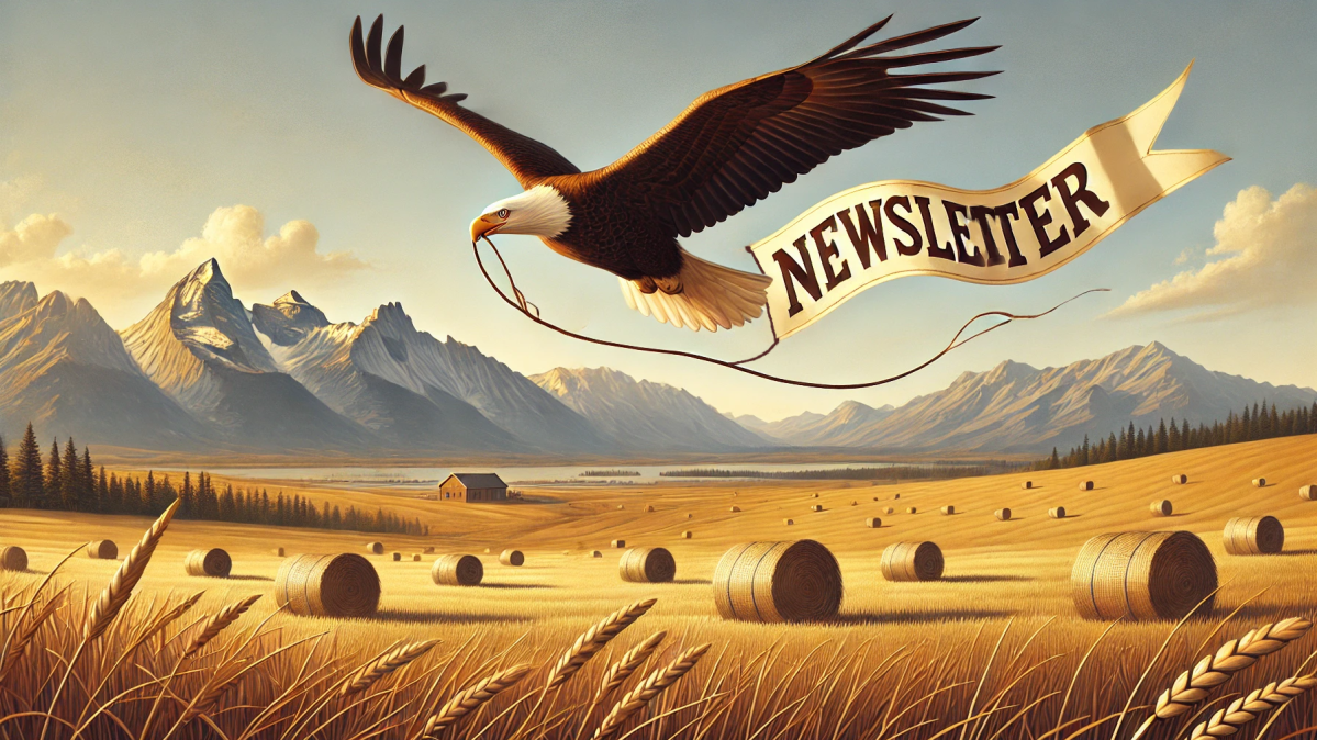 A bald eagle flying with a cord attached to a banner that reads, "Newsletter". This is set against a broad hayfield with mountains in the background.