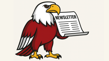 Cartoon bald eagle with red feathers holding a newsletter in its beak.