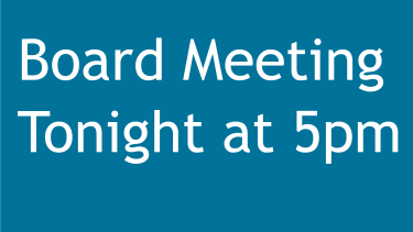 Blue graphic with green and blue printer bar at the bottom announcing that a board meeting is tonight